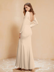 Robe Sirène en Mousseline à Manches Longues avec Fente Champagne