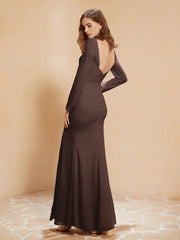 Robe Sirène en Mousseline à Manches Longues avec Fente Chocolat