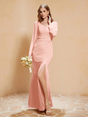Robe Sirène en Mousseline à Manches Longues avec Fente Corail