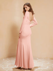 Robe Sirène en Mousseline à Manches Longues avec Fente Corail