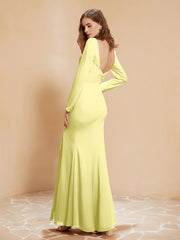 Robe Sirène en Mousseline à Manches Longues avec Fente Jonquille