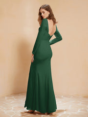 Robe Sirène en Mousseline à Manches Longues avec Fente Vert Foncé