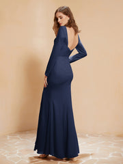 Robe Sirène en Mousseline à Manches Longues avec Fente Bleu Marine Grande Taille