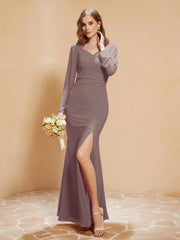 Robe Sirène en Mousseline à Manches Longues avec Fente Dusk