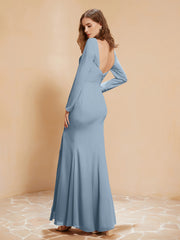 Robe Sirène en Mousseline à Manches Longues avec Fente Bleu Poudré