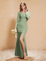 Robe Sirène en Mousseline à Manches Longues avec Fente Sauge Poudrée Grande Taille