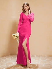 Robe Sirène en Mousseline à Manches Longues avec Fente Fuchsia