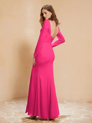 Robe Sirène en Mousseline à Manches Longues avec Fente Fuchsia Grande Taille