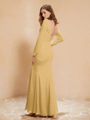 Robe Sirène en Mousseline à Manches Longues avec Fente Or