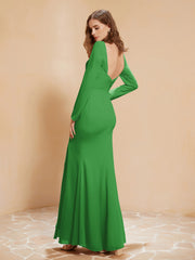 Robe Sirène en Mousseline à Manches Longues avec Fente Vert