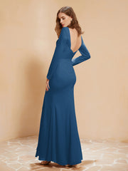 Robe Sirène en Mousseline à Manches Longues avec Fente Bleu Encre