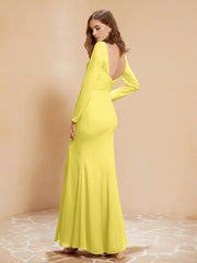 Robe Sirène en Mousseline à Manches Longues avec Fente Citron