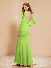 Robe Sirène en Mousseline à Manches Longues avec Fente Vert Citron