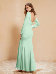 Robe Sirène en Mousseline à Manches Longues avec Fente Vert Menthe