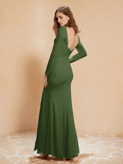 Robe Sirène en Mousseline à Manches Longues avec Fente Mousse