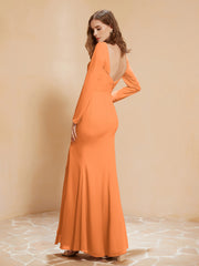 Robe Sirène en Mousseline à Manches Longues avec Fente Orange