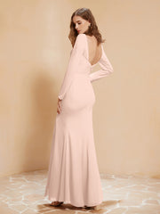 Robe Sirène en Mousseline à Manches Longues avec Fente Rose Perle
