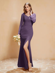 Robe Sirène en Mousseline à Manches Longues avec Fente Plum