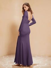Robe Sirène en Mousseline à Manches Longues avec Fente Plum