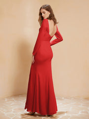 Robe Sirène en Mousseline à Manches Longues avec Fente Rouge