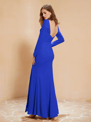 Robe Sirène en Mousseline à Manches Longues avec Fente Bleu Royale