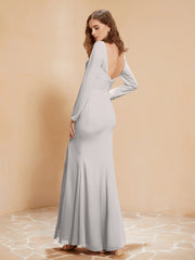 Robe Sirène en Mousseline à Manches Longues avec Fente Argent