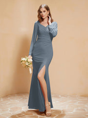 Robe Sirène en Mousseline à Manches Longues avec Fente Bleu de Schiste Grande Taille
