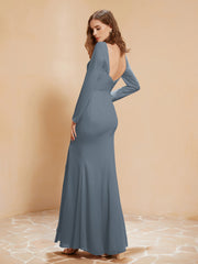 Robe Sirène en Mousseline à Manches Longues avec Fente Bleu de Schiste