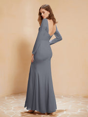 Robe Sirène en Mousseline à Manches Longues avec Fente Gris Acier