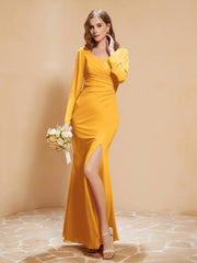 Robe Sirène en Mousseline à Manches Longues avec Fente Mandarine Grande Taille