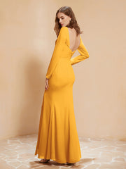 Robe Sirène en Mousseline à Manches Longues avec Fente Mandarine