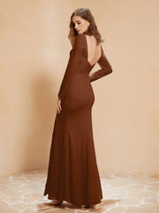 Robe Sirène en Mousseline à Manches Longues avec Fente Terracotta