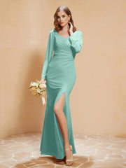 Robe Sirène en Mousseline à Manches Longues avec Fente Turquoise