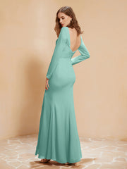 Robe Sirène en Mousseline à Manches Longues avec Fente Turquoise
