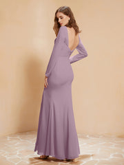 Robe Sirène en Mousseline à Manches Longues avec Fente Vintage Mauve
