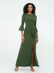 Sirène Sexy Robes Trompette Manches Longues avec Fente Olive Verte