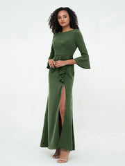 Sirène Sexy Robes Trompette Manches Longues avec Fente Olive Verte