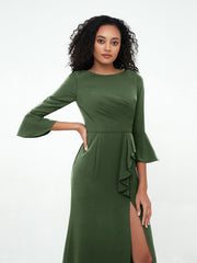 Sirène Sexy Robes Trompette Manches Longues avec Fente Olive Verte Grande Taille
