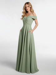 Robe à Hors de l'Épaule Jupe Ronde avec Poches Sauge Poudrée