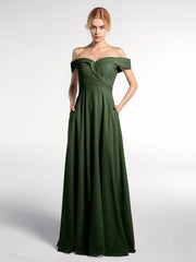 Robe à Hors de l'Épaule Jupe Ronde avec Poches Olive Verte