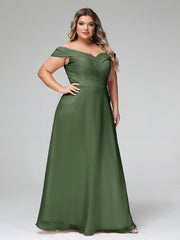 Robe à Hors de l'Épaule Jupe Ronde avec Poches Olive Verte Grande Taille