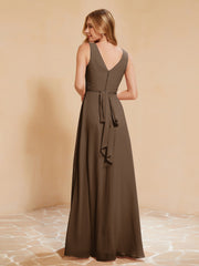 Robe de Demoiselle d'Honneur Empire Sans Manches avec Nœud Papillon Brun