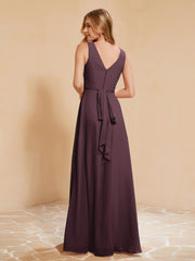 Robe de Demoiselle d'Honneur Empire Sans Manches avec Nœud Papillon Cabernet