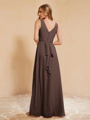 Robe de Demoiselle d'Honneur Empire Sans Manches avec Nœud Papillon Chocolat