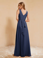 Robe de Demoiselle d'Honneur Empire Sans Manches avec Nœud Papillon Bleu Marine Grande Taille