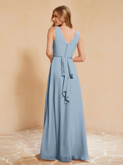 Robe de Demoiselle d'Honneur Empire Sans Manches avec Nœud Papillon Bleu Poudré