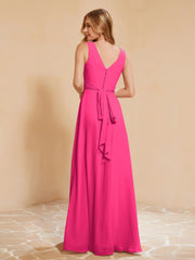 Robe de Demoiselle d'Honneur Empire Sans Manches avec Nœud Papillon Fuchsia