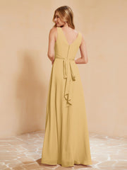 Robe de Demoiselle d'Honneur Empire Sans Manches avec Nœud Papillon Or