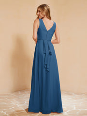 Robe de Demoiselle d'Honneur Empire Sans Manches avec Nœud Papillon Bleu Encre