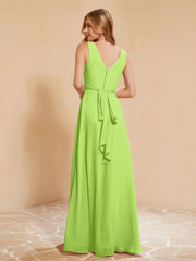 Robe de Demoiselle d'Honneur Empire Sans Manches avec Nœud Papillon Vert Citron